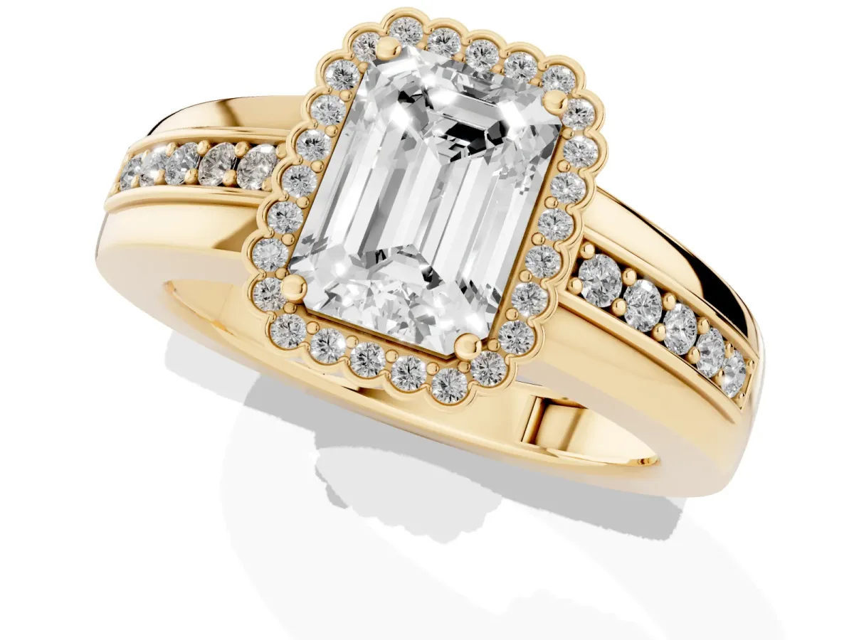 Emerald Cut Cut Halo Pave Band Four-Prong Ring Yellow gold