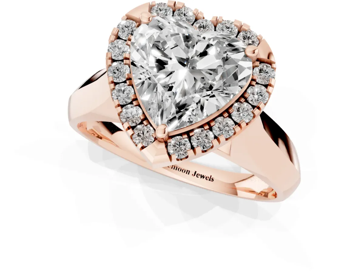 Heart Cut Cut Halo Solitaire Engagement Ring with Square Band and Four-Prong Setting Rose gold