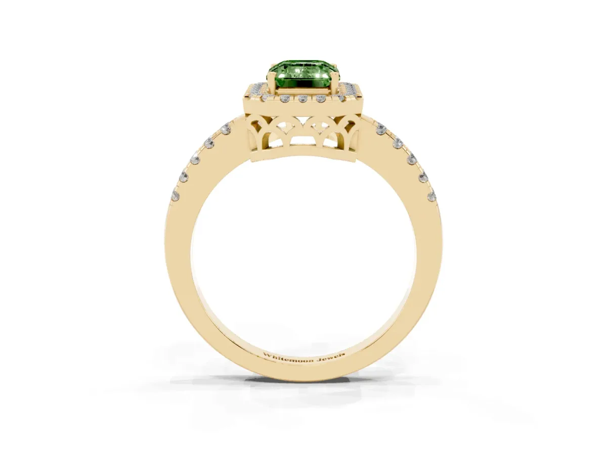 Fancy Green Emerald Cut Halo Diamond Engagement Ring with Pavé Band and Four-Prong Setting Yellow gold