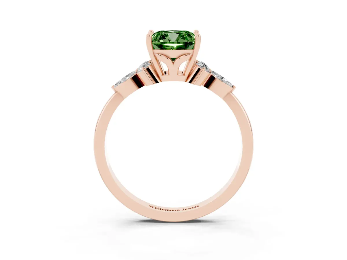Fancy Green Cushion Cut Brilliant Diamond Solitaire Ring with Pear Side Stones and Four-Prong Setting Rose gold