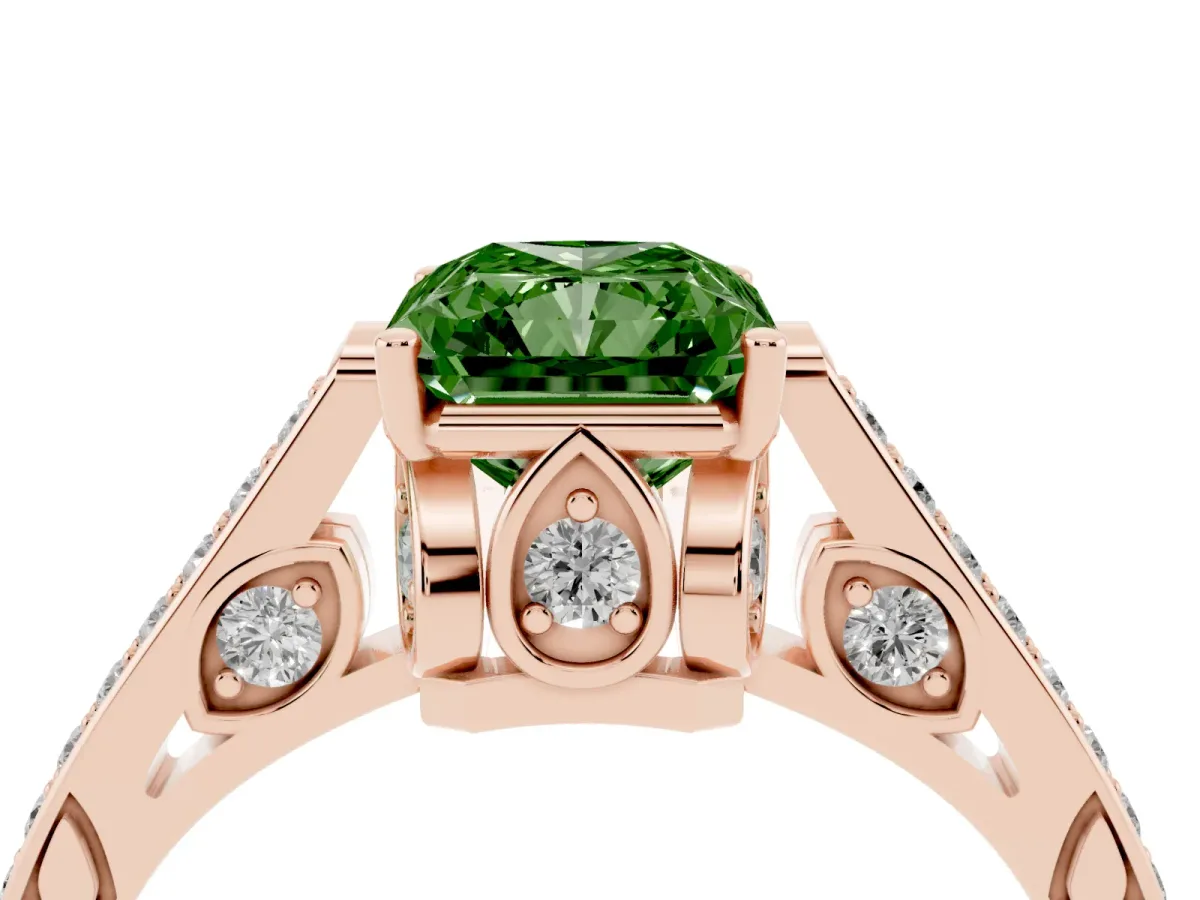 Fancy Green Radiant Cut Cut Cathedral Pave Diamond Engagement Ring with Six-Prong Setting Rose gold