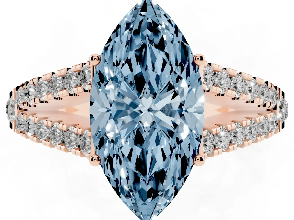 Fancy Blue Marquise Cut Diamond Split Shank Pavé Engagement Ring with Four-Prong Setting Rose gold
