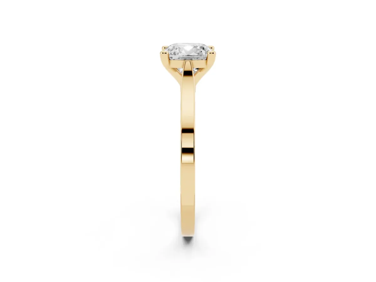 Cushion Cut Solitaire Diamond Ring with Four-Prong Setting and Tapered Band Yellow gold