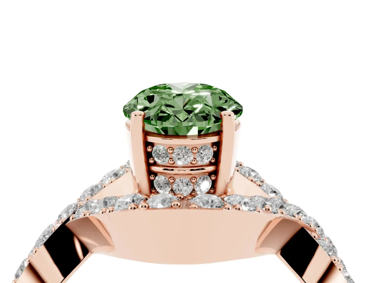Fancy Green Oval Cut Solitaire Twist Band Pavé Diamond Engagement Ring Rose gold