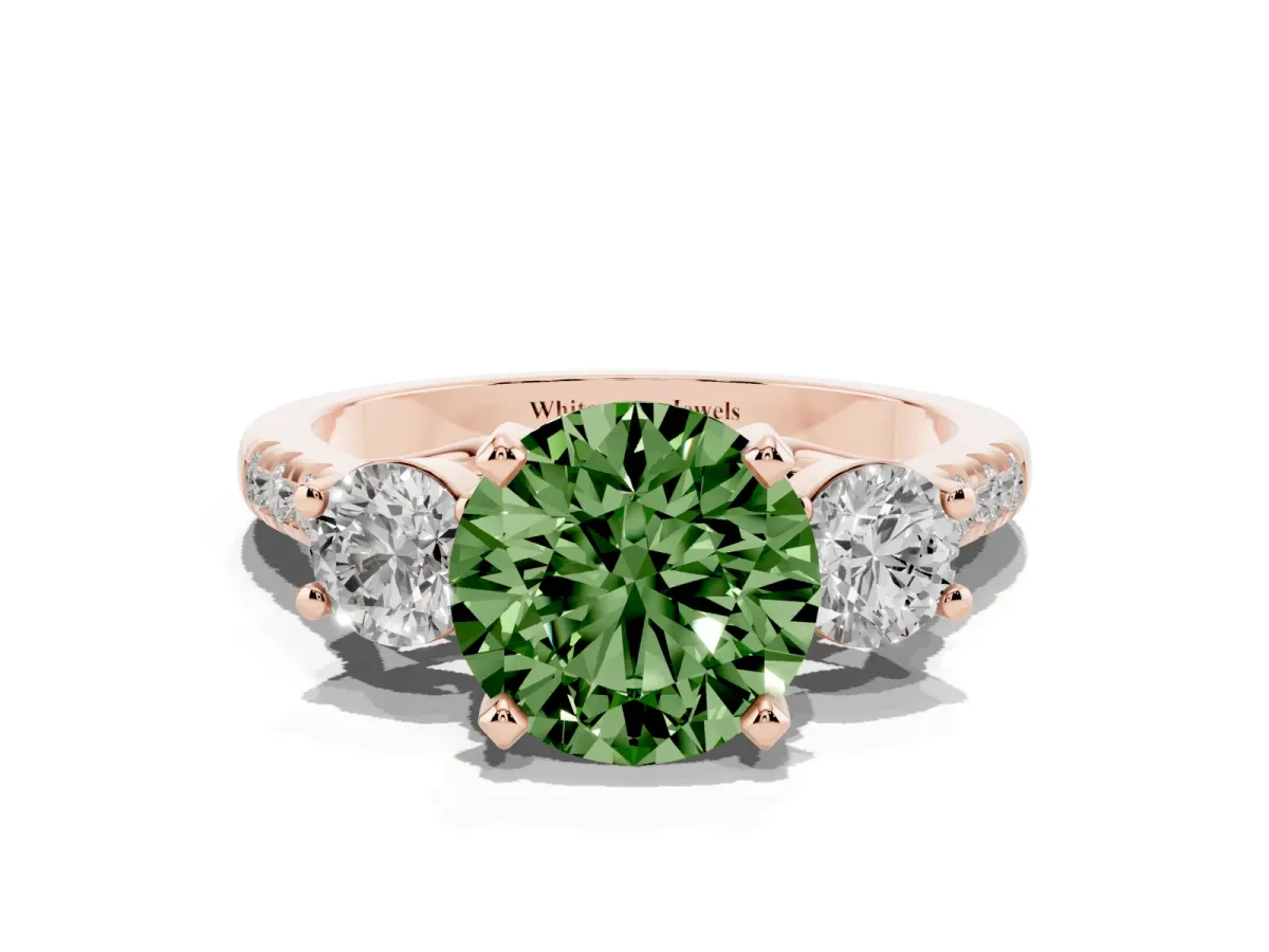 Fancy Green Three-Stone Round Cut Diamond Pavé Band with Four-Prong Setting Rose gold
