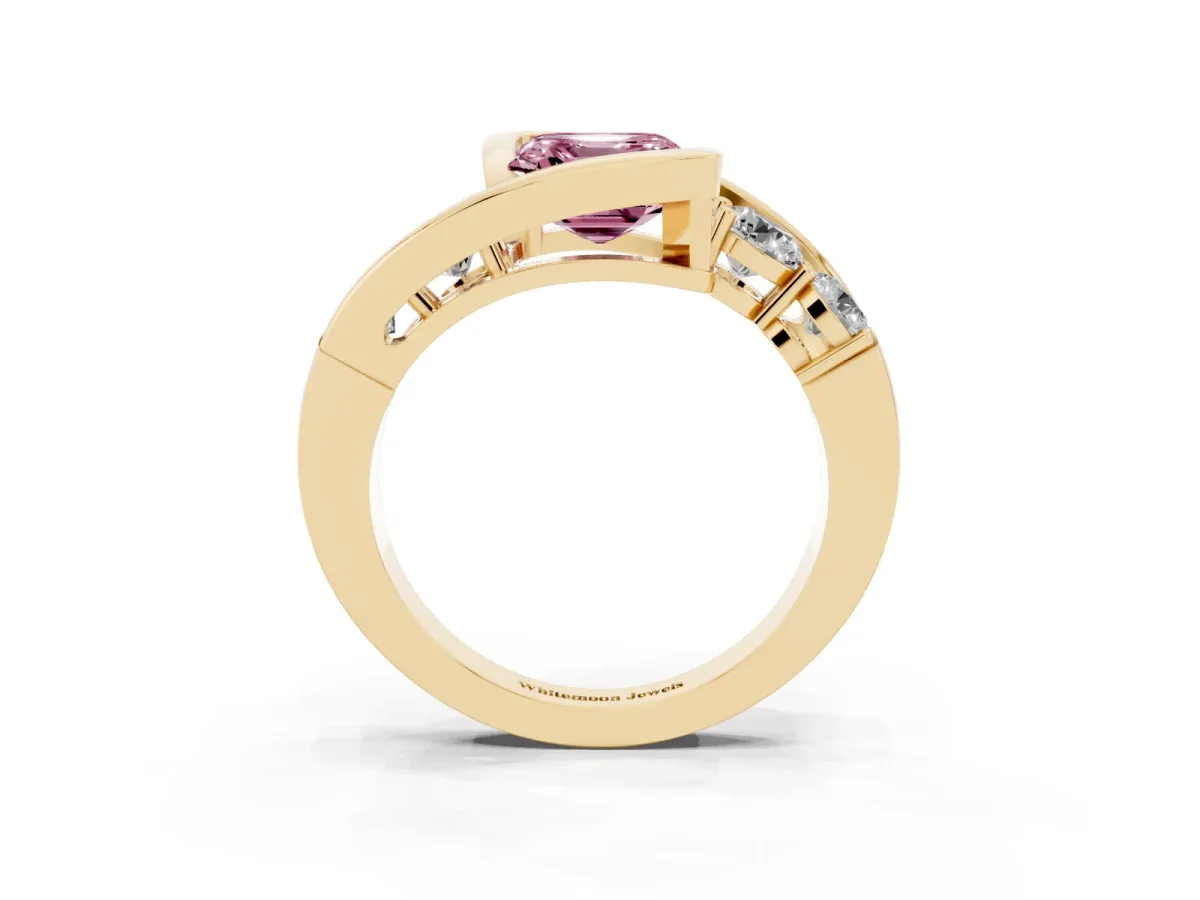 Fancy Pink Bezel Set Asscher Cut Diamond Bypass Ring with Round Accents Yellow gold