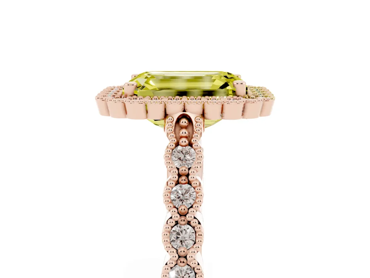 Fancy Yellow Emerald Cut Cut Halo Pavé Solitaire Ring with Milgrain Band Rose gold