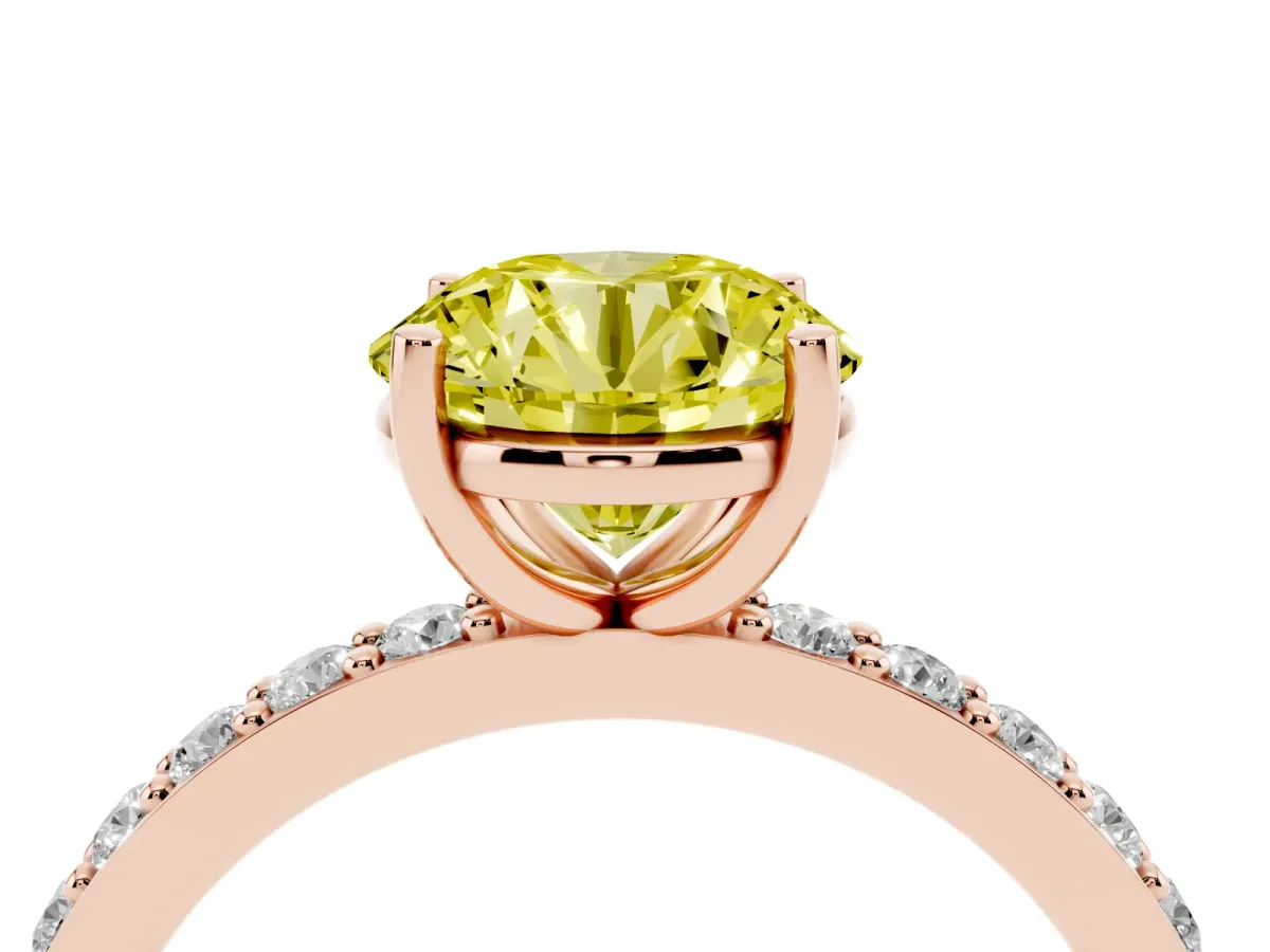 Fancy Yellow Round Cut Cut Diamond Solitaire with Pave Band and Four-Prong Setting Rose gold
