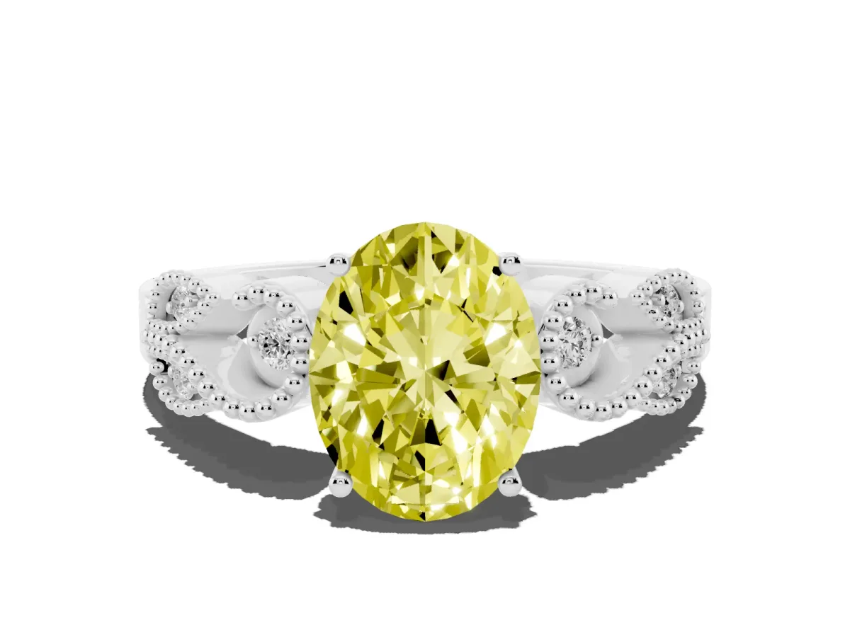 Fancy Yellow Oval Cut Solitaire Milgrain Leaf Band with Prong Setting White gold