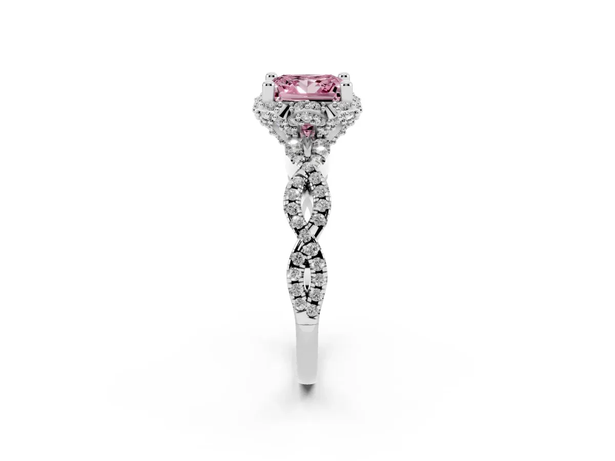 Fancy Pink Princess Cut Halo Twist Band Solitaire Ring with Six-Prong Setting Silver