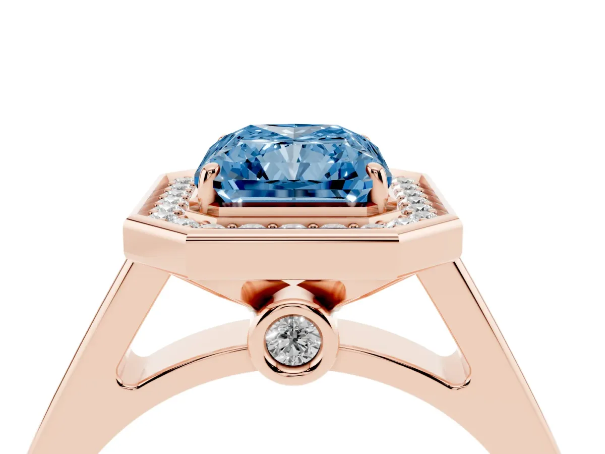 Fancy Blue Radiant Cut Halo Solitaire Diamond Ring with Pave Band and Bezel Setting Rose gold