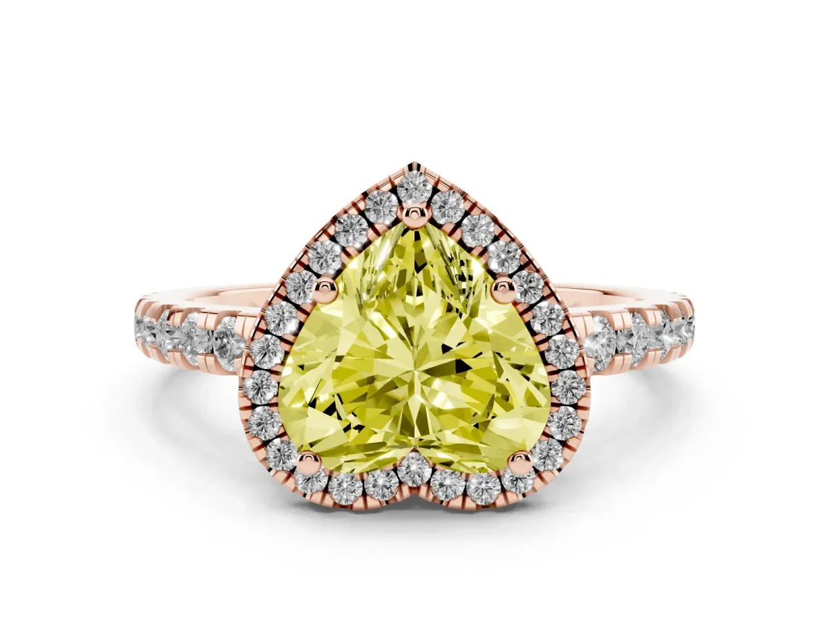 Fancy Yellow Heart Cut Diamond Halo Ring with Pavé Band and Four-Prong Setting Rose gold