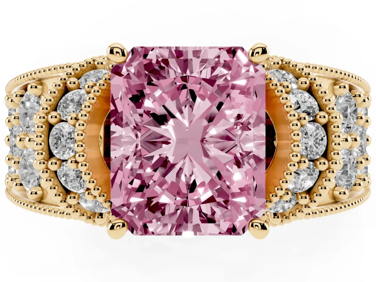 Fancy Pink Radiant Cut Halo Pave Diamond Engagement Ring with Milgrain Detailing Yellow gold