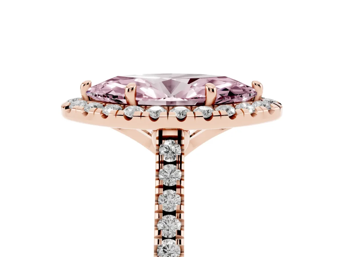Fancy Pink Marquise Cut Diamond Cushion Halo Ring with Pavé Band Rose gold