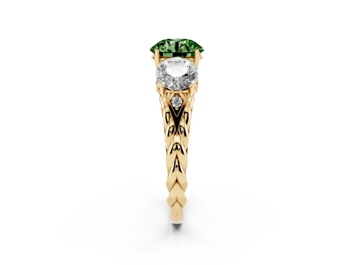 Fancy Green Three-Stone Round Cut Diamond Braided Band Ring with Four-Prong Setting Yellow gold