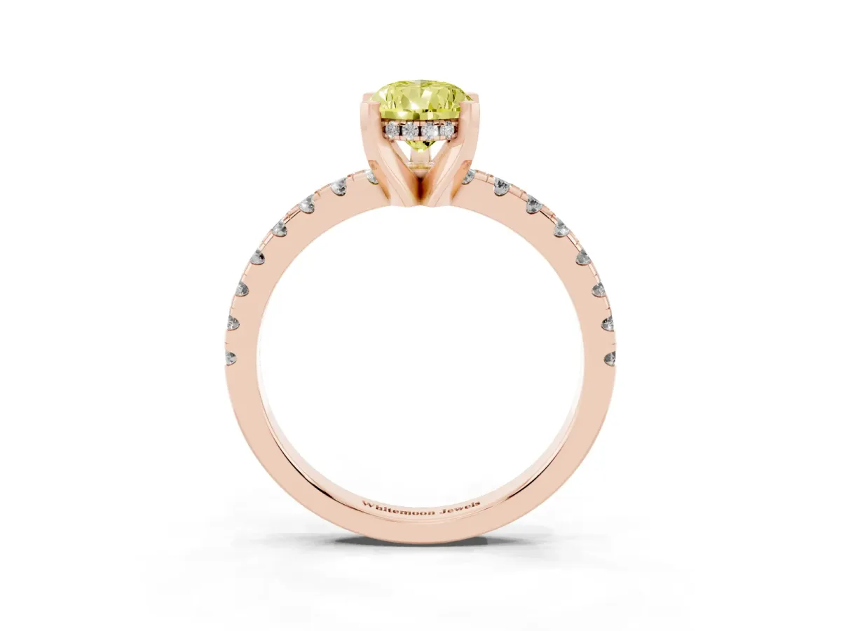 Fancy Yellow Pear Cut Diamond Solitaire Ring with Round Pavé Band and Four-Prong Setting Rose gold