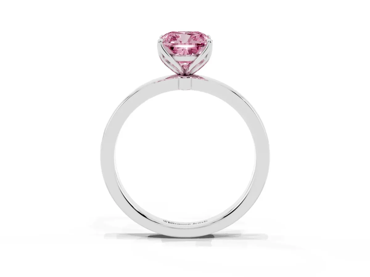 Fancy Pink Cushion Cut Diamond Solitaire Ring with Thin Band and Prong Setting Platinum