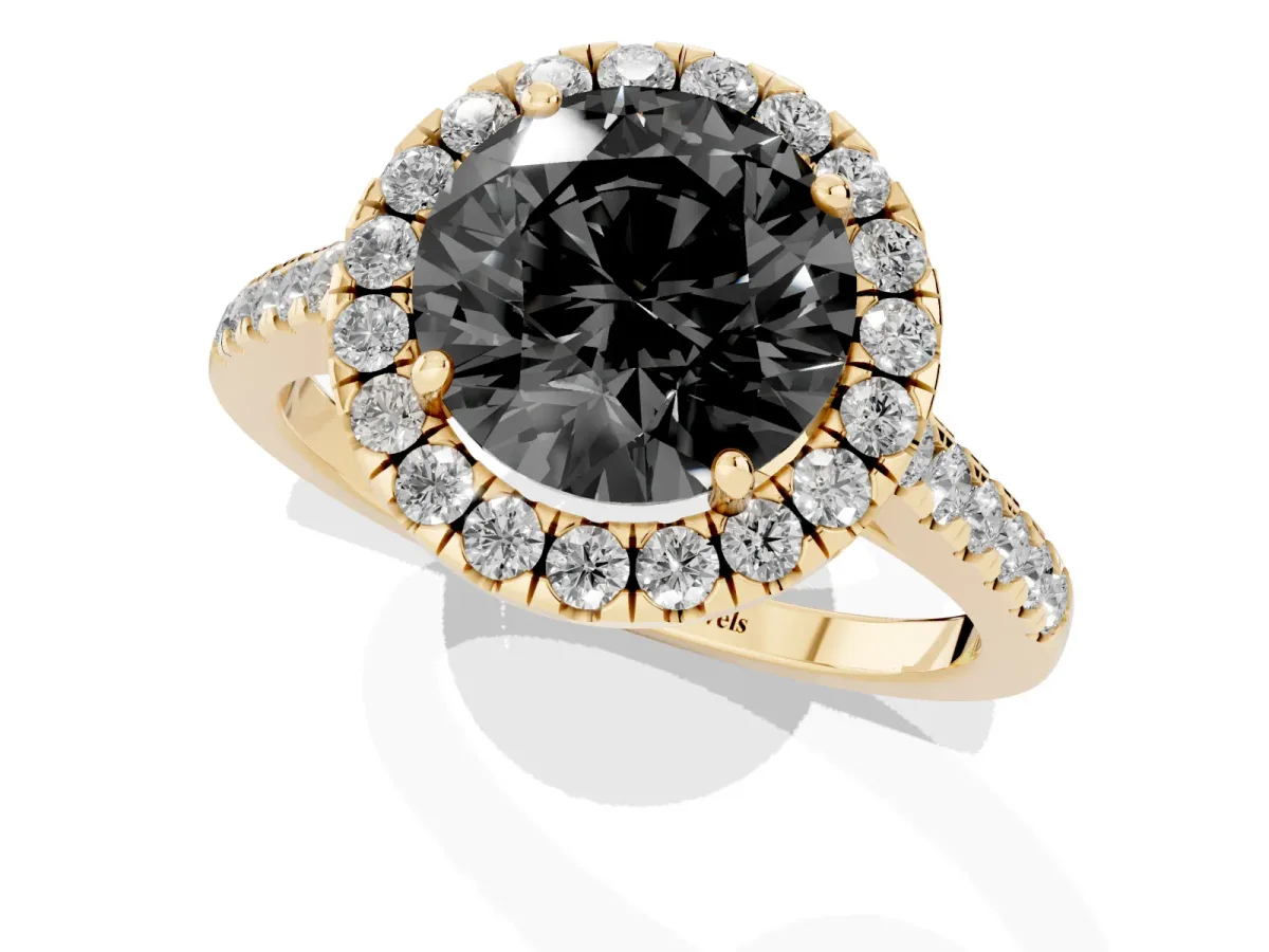 Fancy Black Round Cut Halo Pave Diamond Engagement Ring with Four-Prong Setting Yellow gold