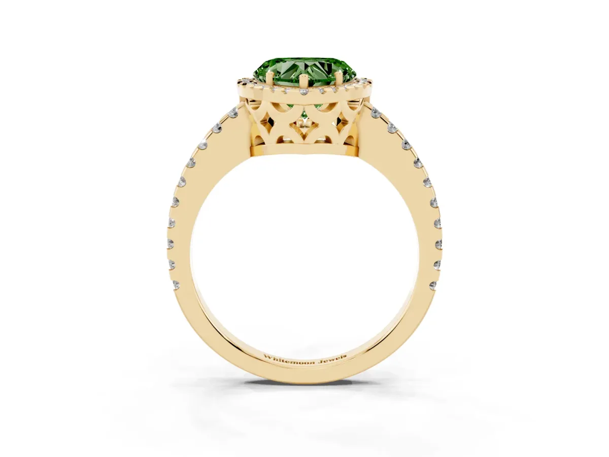 Fancy Green Heart Cut Diamond Halo Engagement Ring with Pavé Band and Prong Setting Yellow gold