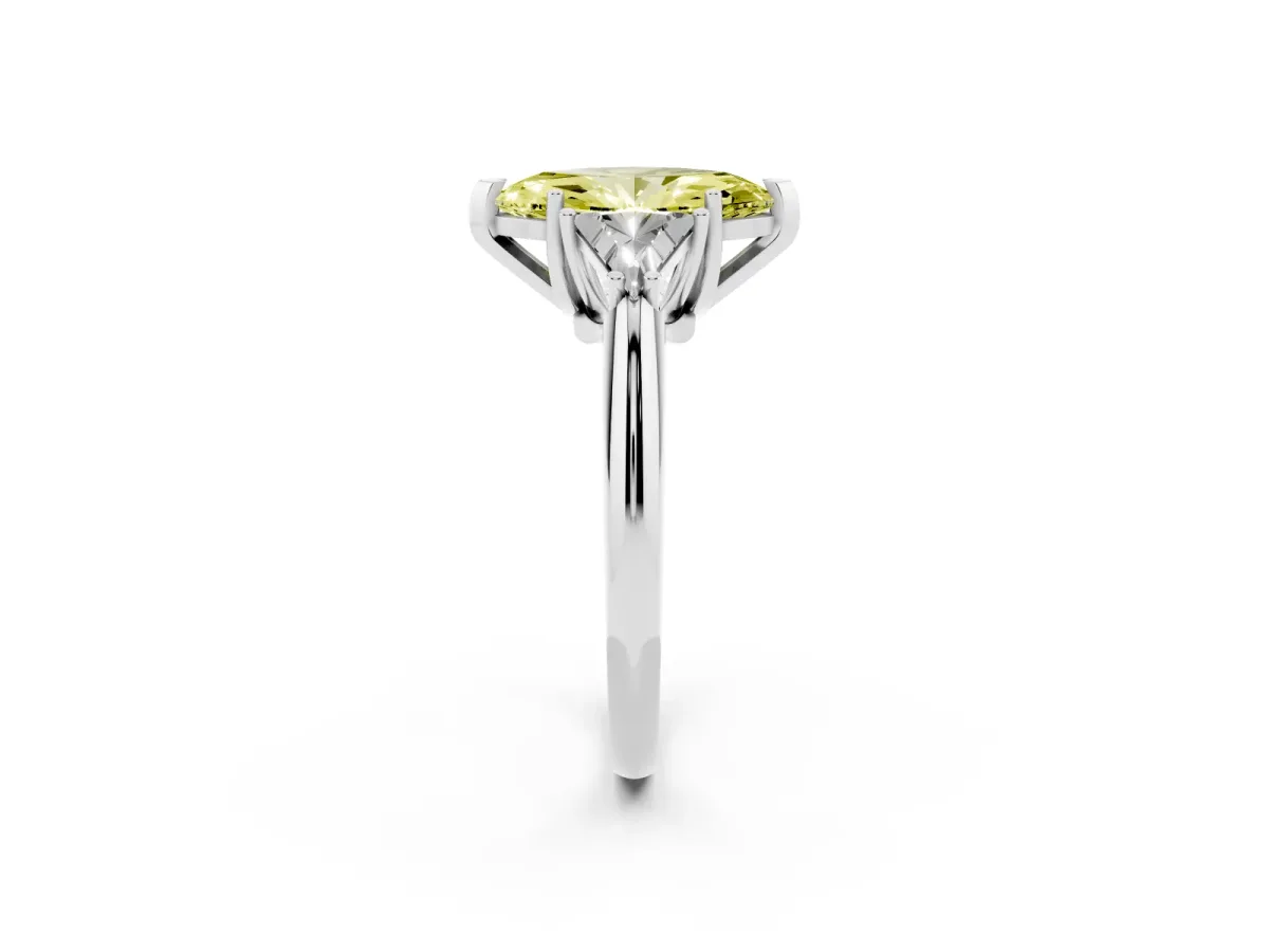 Fancy Yellow Three-Stone Marquise Cut Diamond Engagement Ring with Trillion Side Stones and Prong Setting White gold