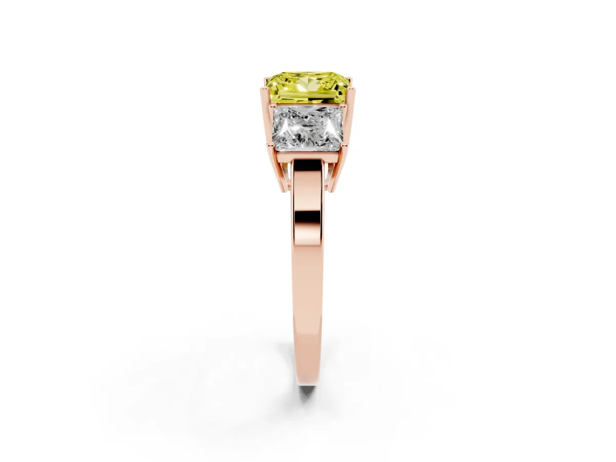 Fancy Yellow Three-Stone Princess Cut Cut Diamond Engagement Ring with Flat Band and Four-Prong Setting Rose gold