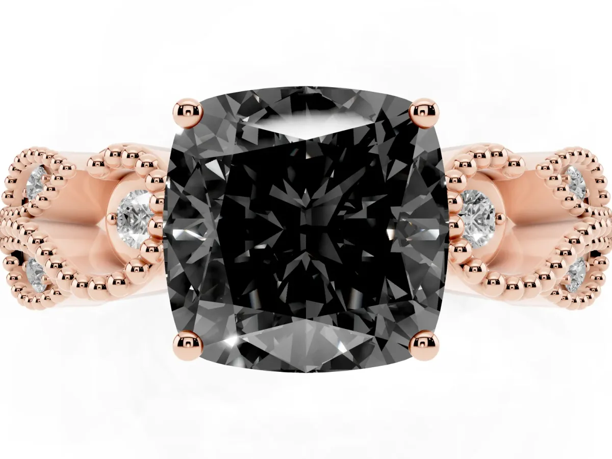 Fancy Black Cushion Cut Solitaire Milgrain Leaf Band with Prong Setting Rose gold