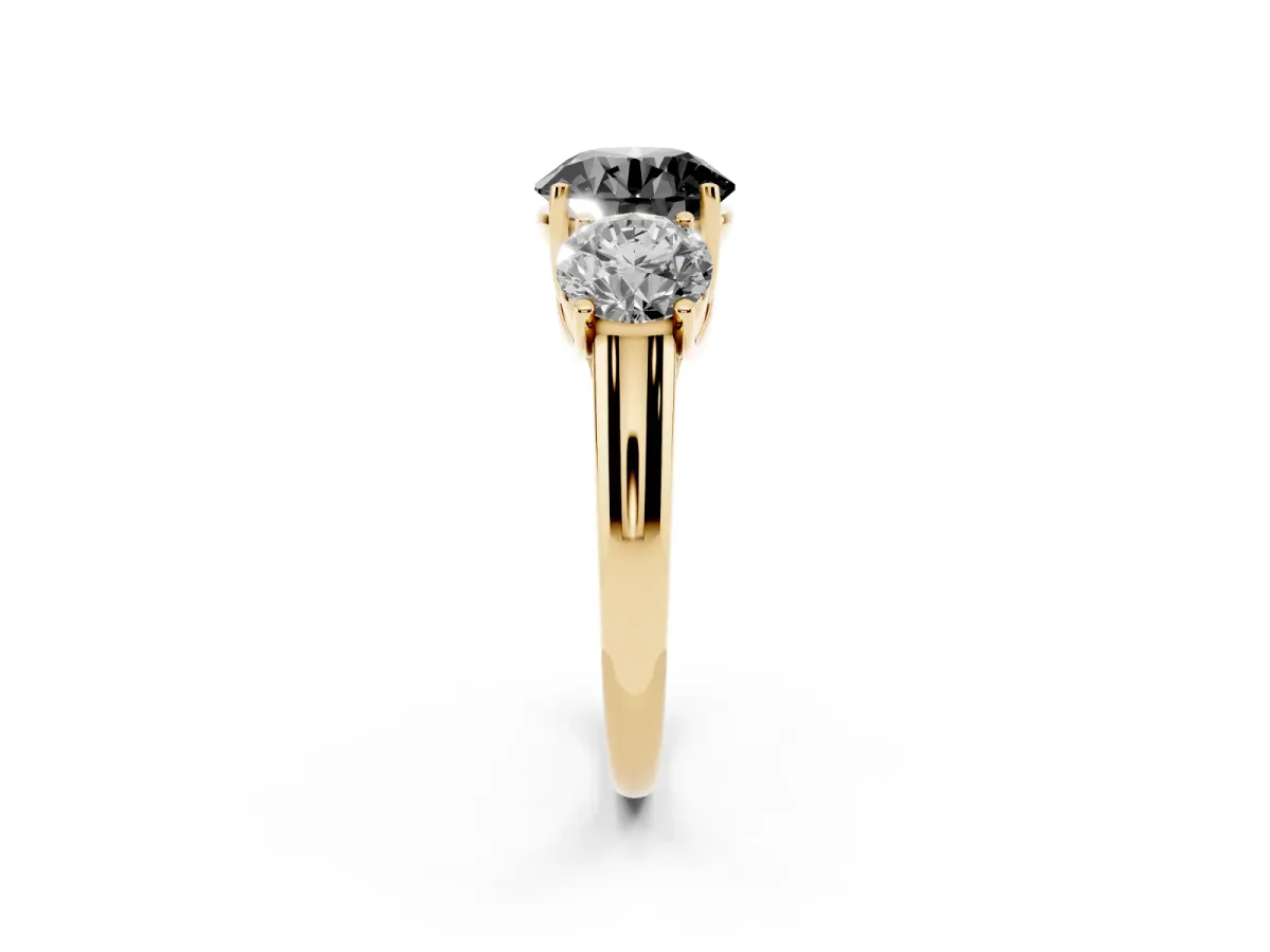 Fancy Black Three-Stone Round Cut Diamond Engagement Ring with Prong Setting Yellow gold