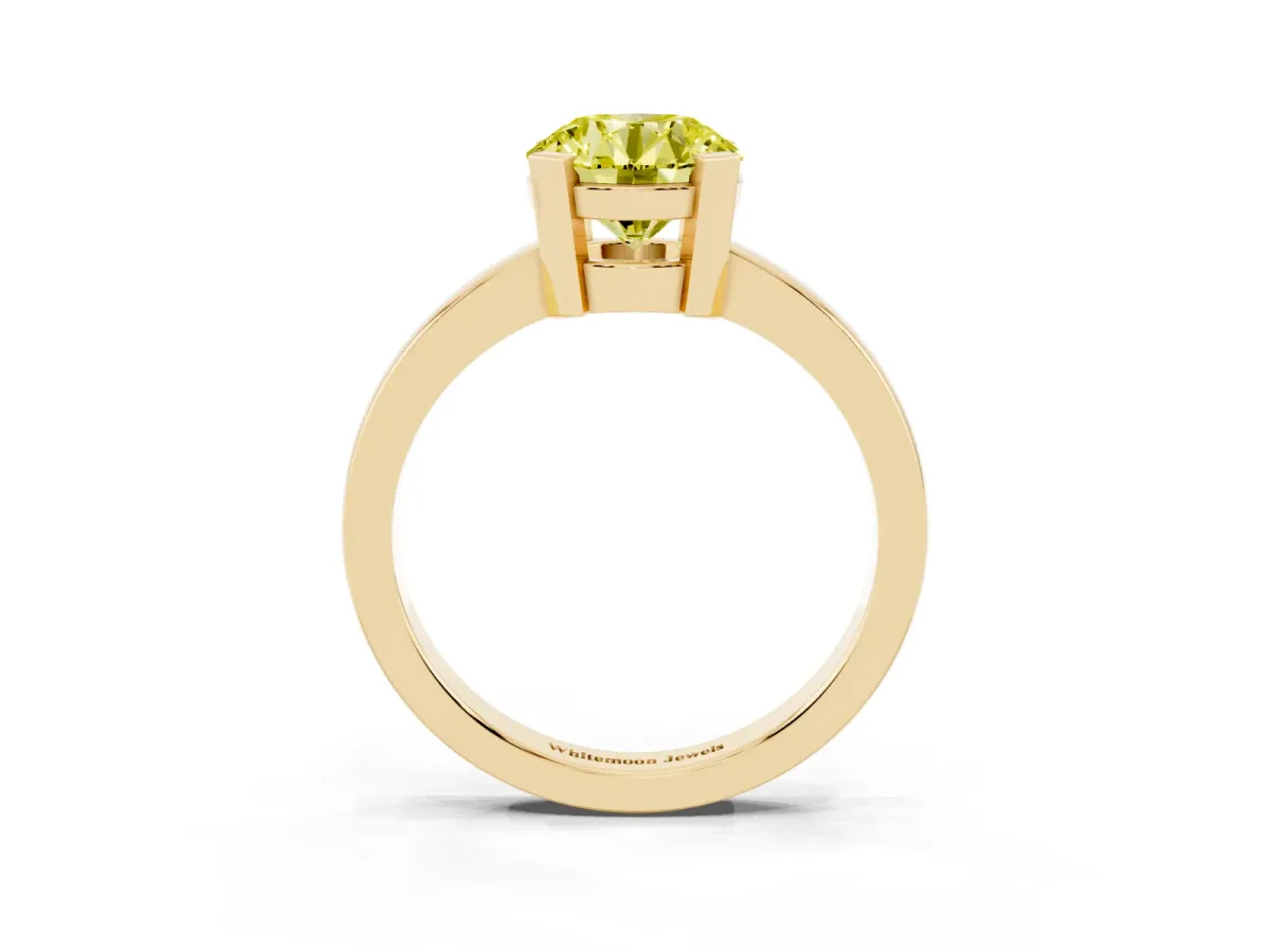 Fancy Yellow Round Cut Cut Solitaire Ring with Four-Prong Setting and Classic Band Yellow gold