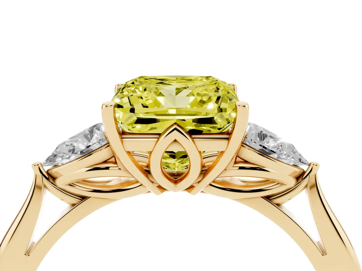 Fancy Yellow Three-Stone Princess Cut Brilliant Diamond Solitaire Ring with Tapered Band and Four-Prong Setting Yellow gold