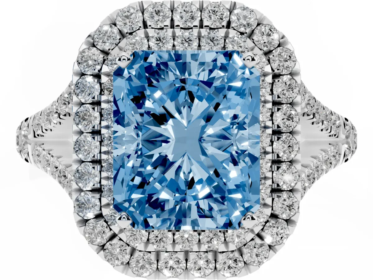 Fancy Blue Radiant Cut Diamond Pavé Split Shank Double Halo Engagement Ring Silver