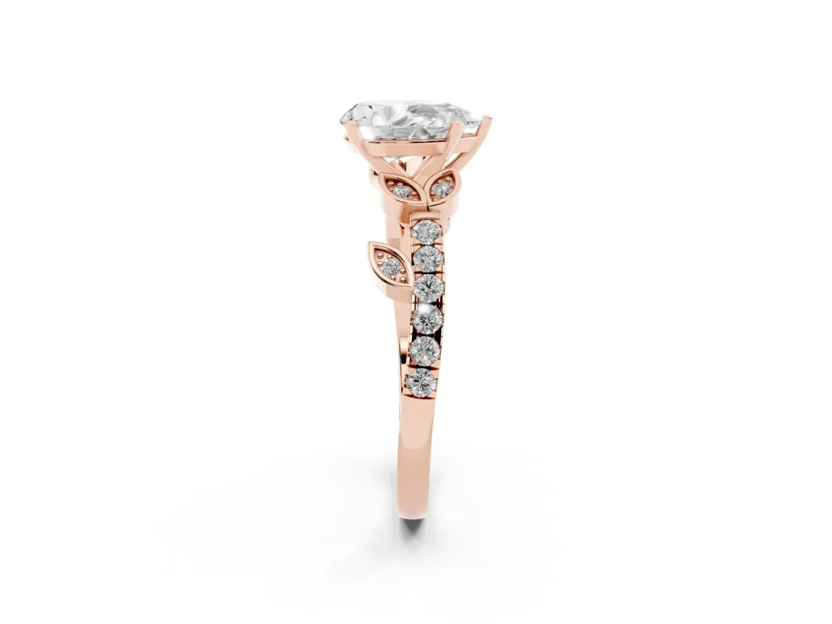 Pear Cut Solitaire Leaf-Inspired Diamond Ring with Pavé Band and Four-Prong Setting Rose gold