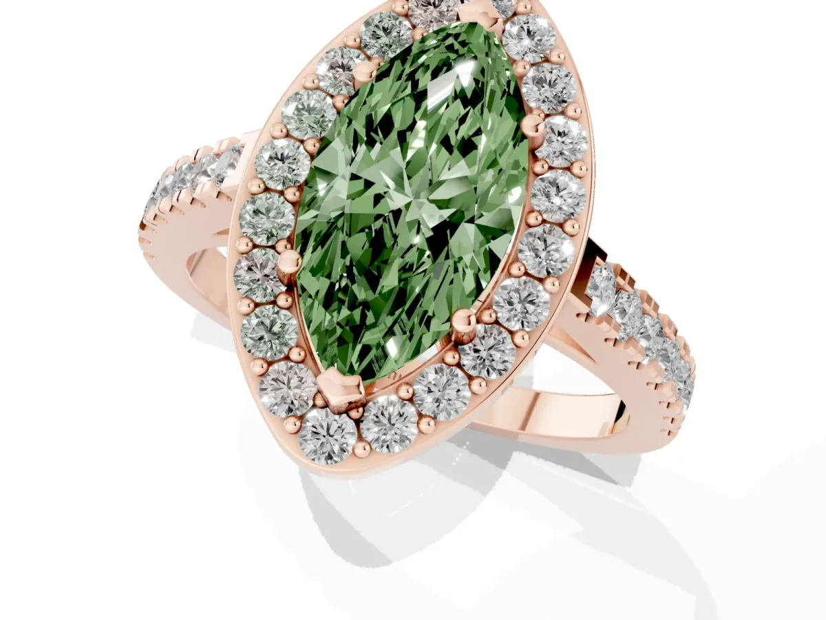Fancy Green Marquise Cut Diamond Halo Ring with Round Pavé Split Shank and Prong Setting Rose gold