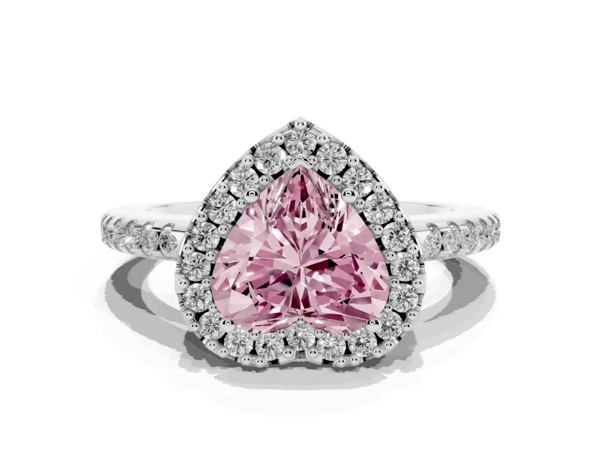 Fancy Pink Heart Cut Diamond Pavé Halo Ring with Four-Prong Setting Silver