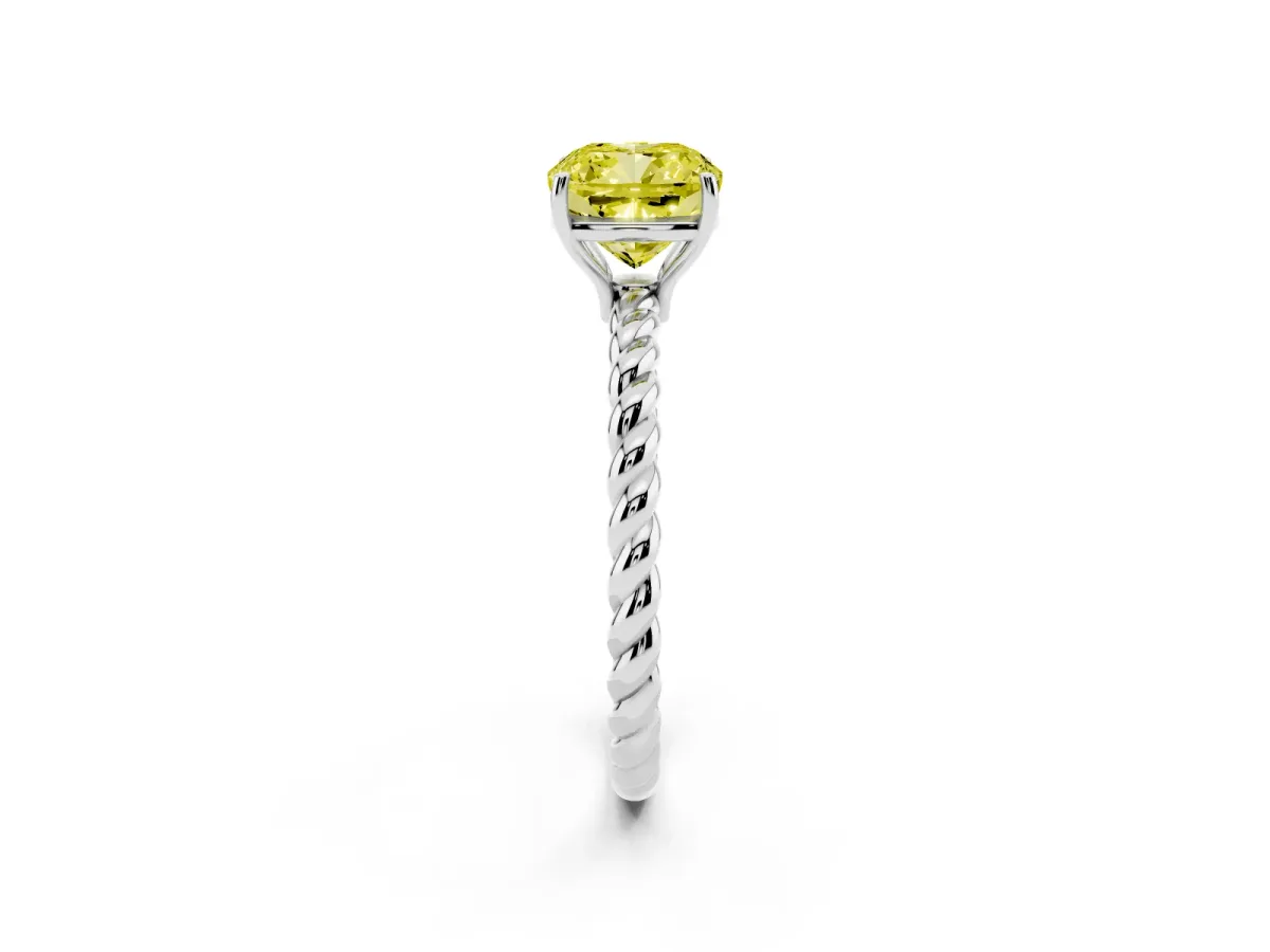 Fancy Yellow Cushion Cut Solitaire Twist Band Ring with Four-Prong Setting Platinum