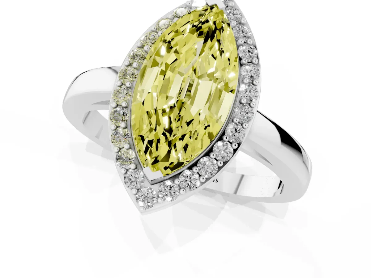 Fancy Yellow Marquise Cut Halo Diamond Ring with Solitaire Band and Prong Setting Silver