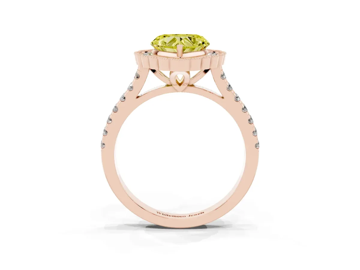 Fancy Yellow Heart Cut Cut Diamond Milgrain Floral Halo Engagement Ring with Pavé Band Rose gold