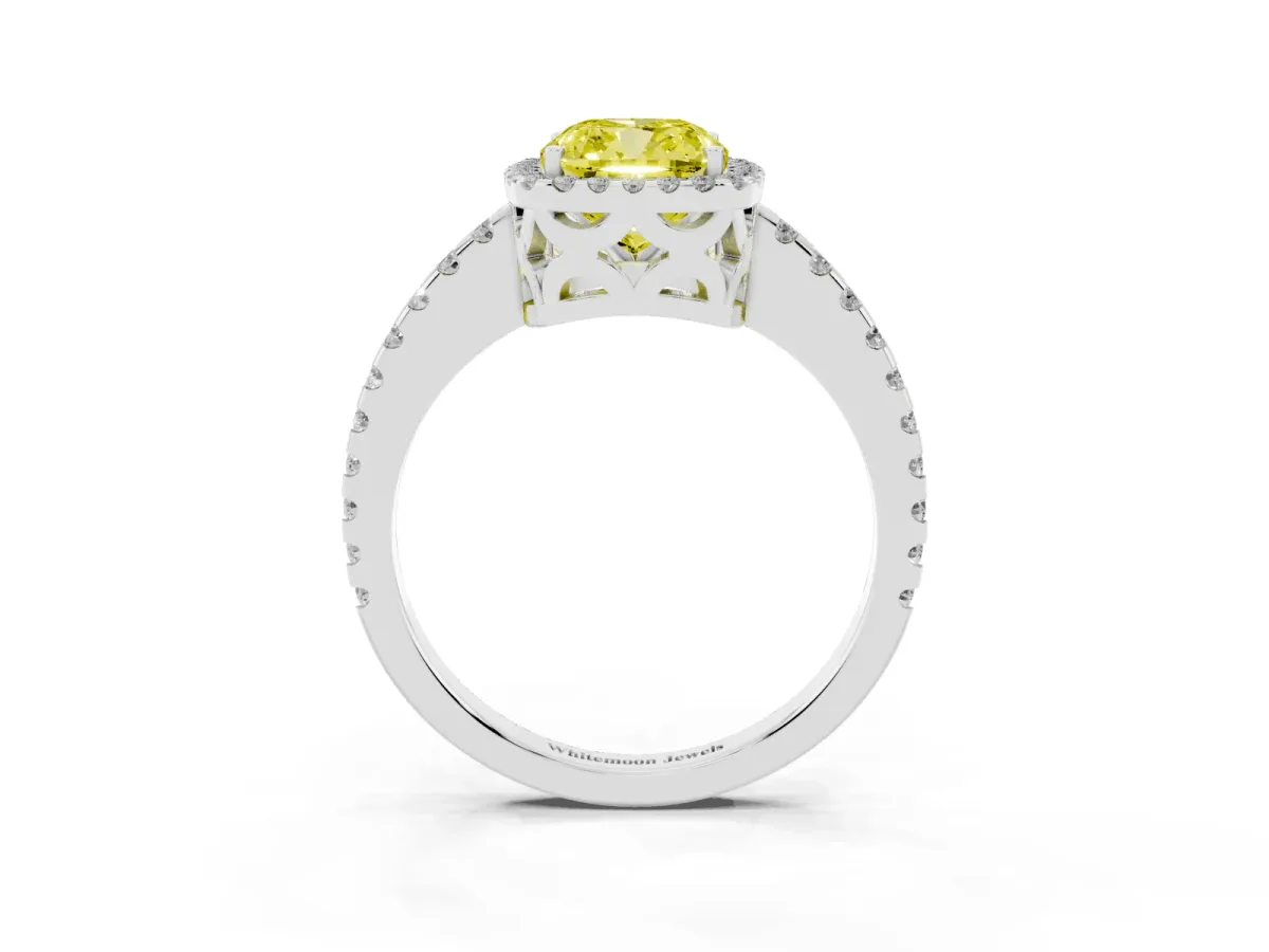 Fancy Yellow Cushion Cut Diamond Halo Engagement Ring with Pavé Band and Prong Setting Platinum