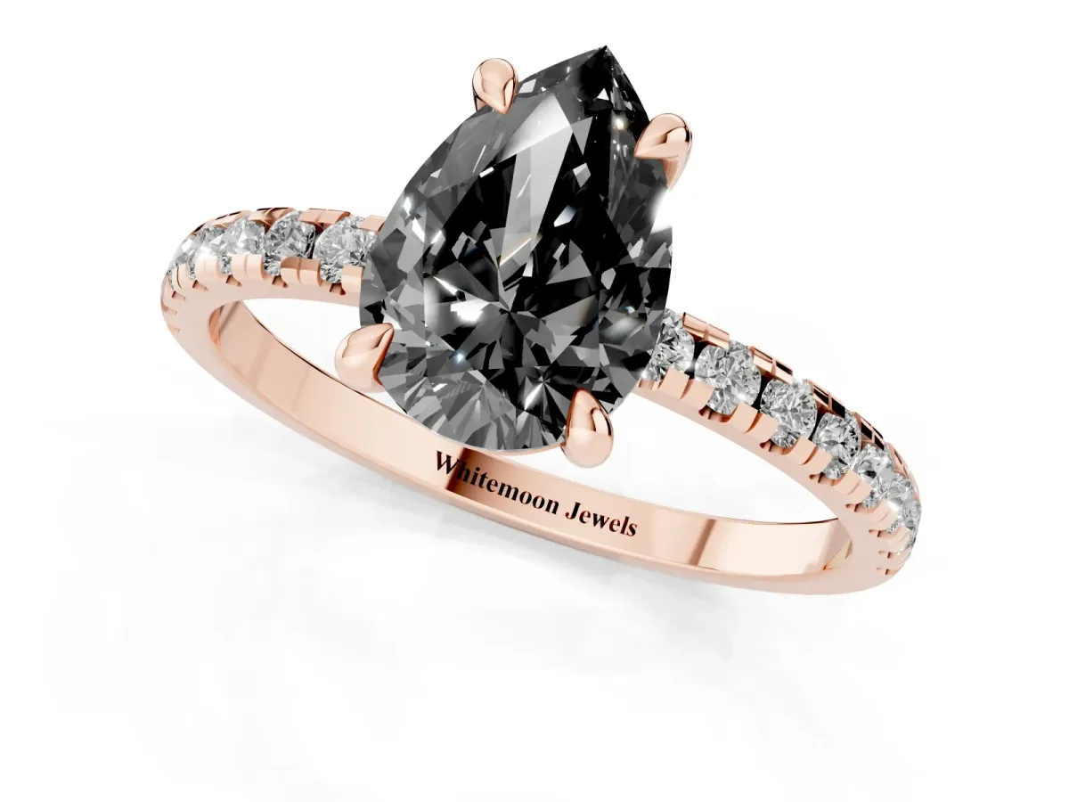 Fancy Black Pear Cut Diamond Brilliant Solitaire Ring with Pavé Band and Four-Prong Setting Rose gold