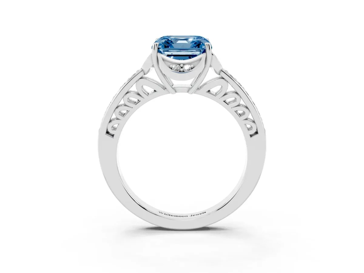 Fancy Blue Asscher Cut Cut Halo Diamond Ring with Channel Set Band and Four-Prong Setting Silver