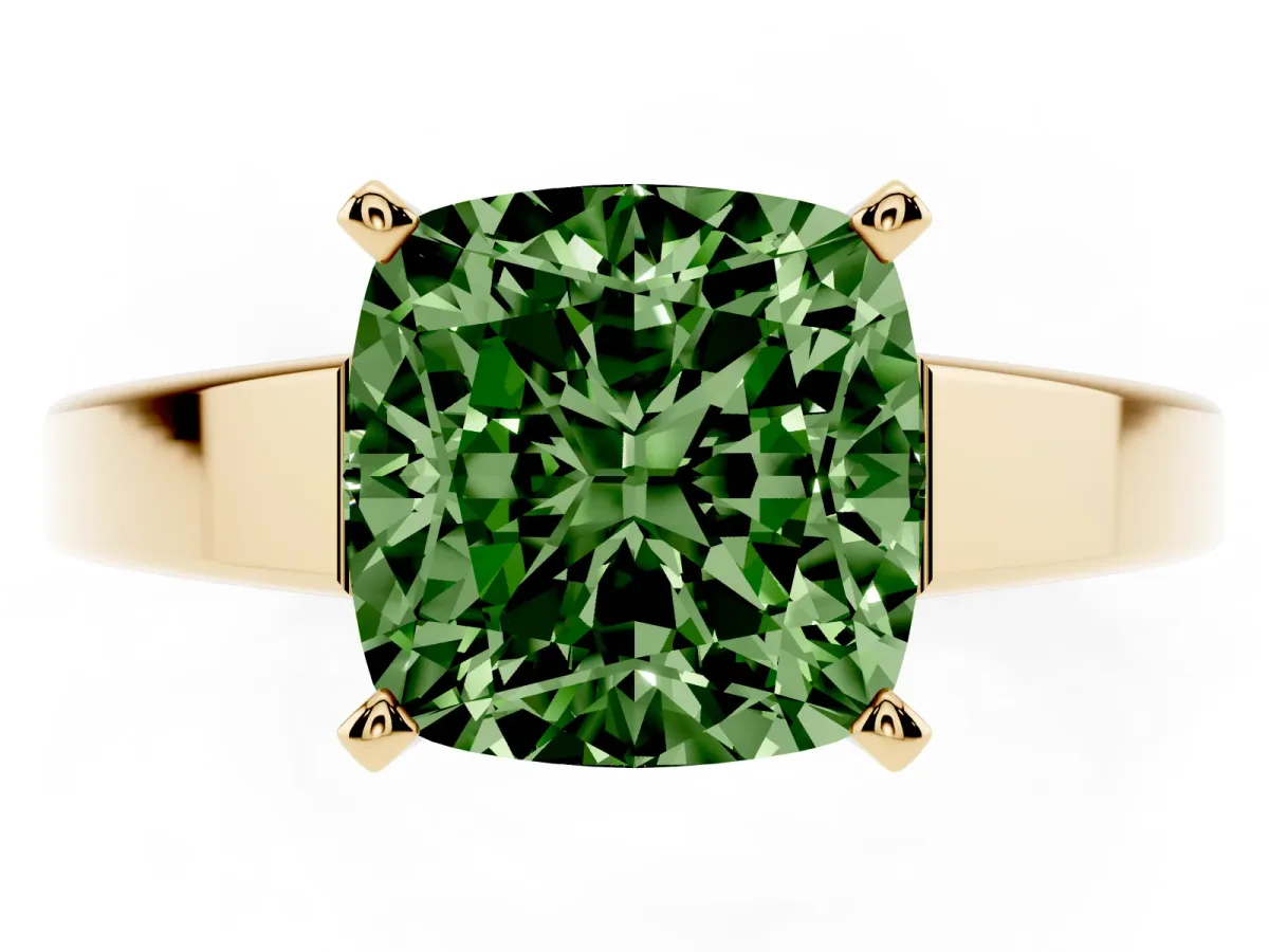 Fancy Green Cushion Cut Solitaire Engagement Ring with Four-Prong Setting and Tapered Band Yellow gold