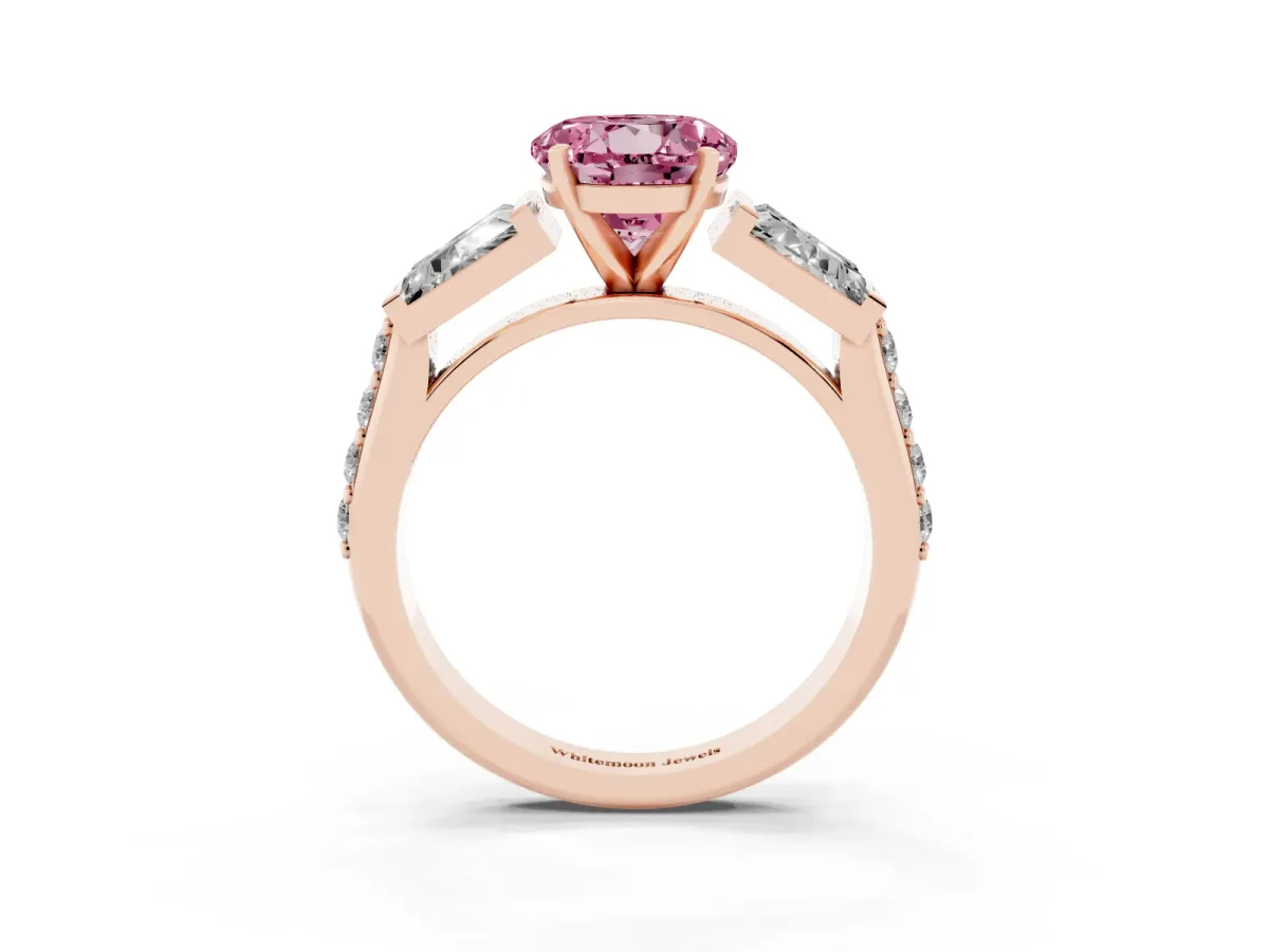 Fancy Pink Round Cut Diamond Engagement Ring with Baguette Side Stones and Channel Set Band Rose gold