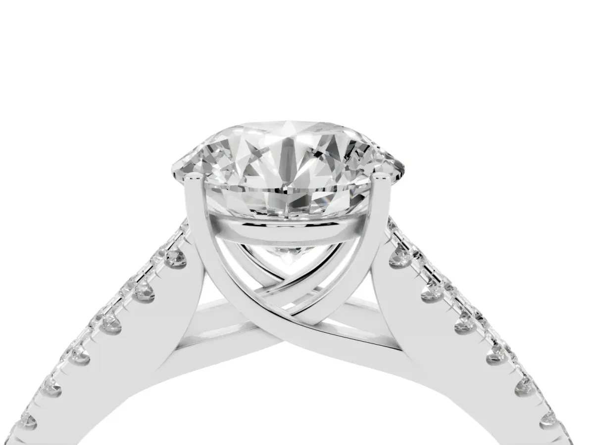 Round Cut Diamond Split Shank Pavé Engagement Ring with Four-Prong Setting Platinum