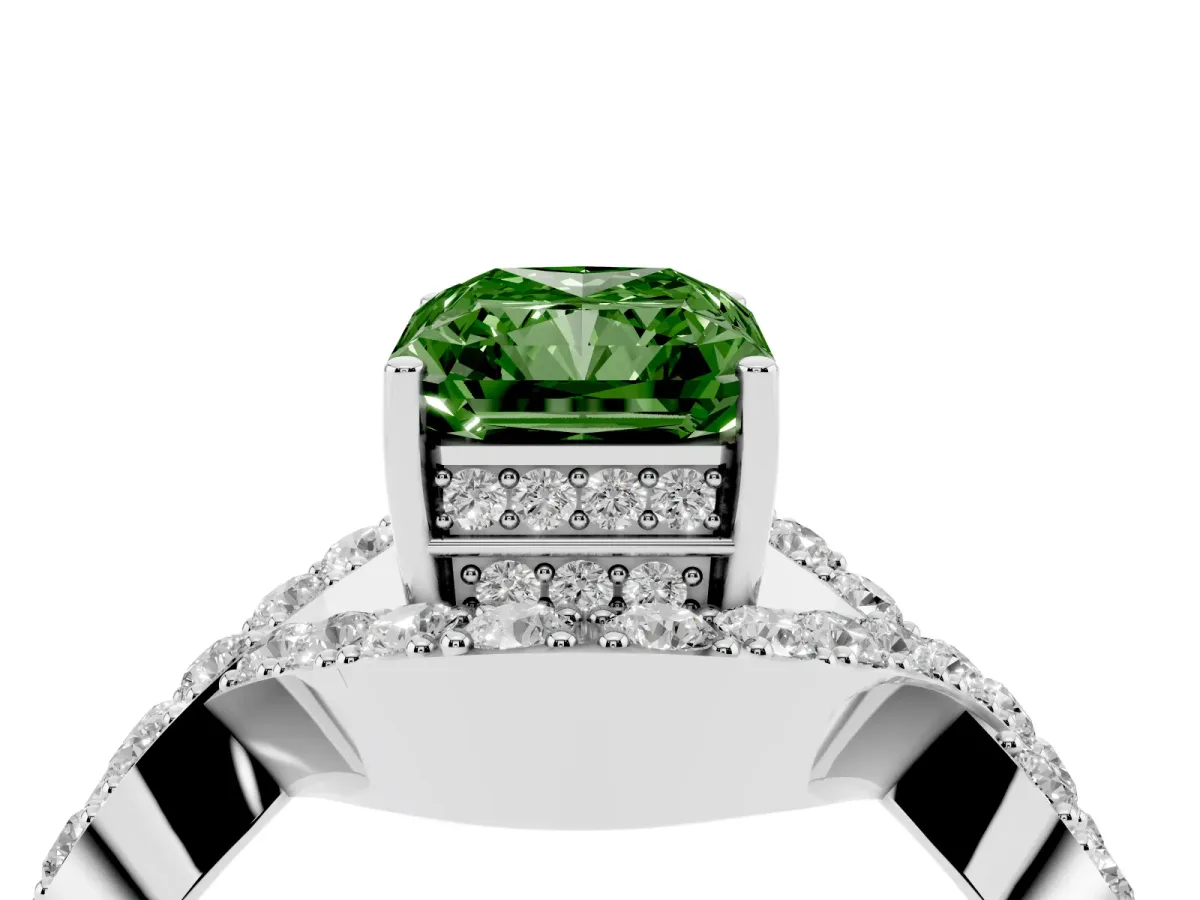 Fancy Green Radiant Cut Solitaire Twist Band Pavé Diamond Engagement Ring Platinum