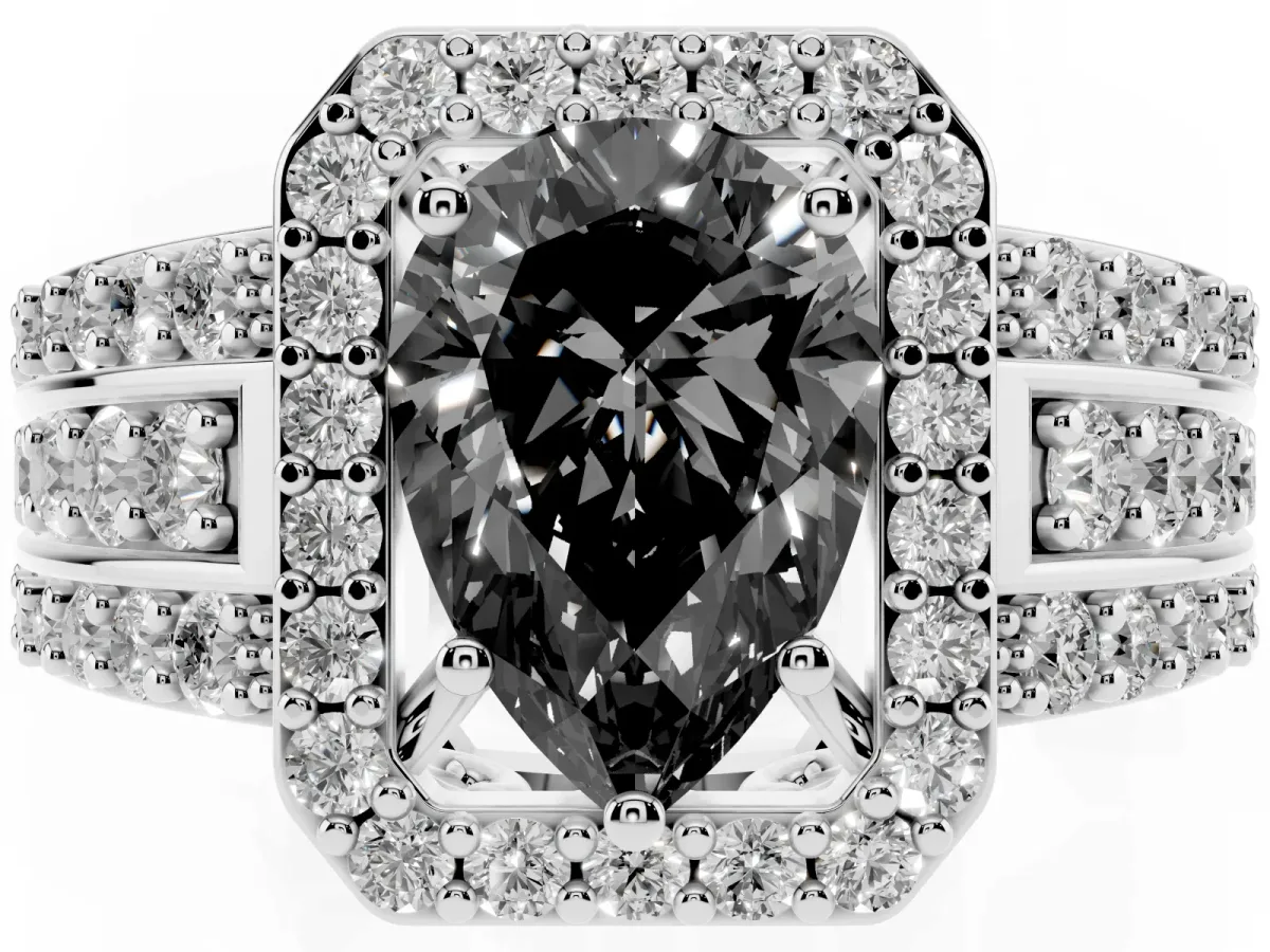 Fancy Black Pear Cut Halo Diamond Ring with Round Split Shank and Prong Setting Platinum