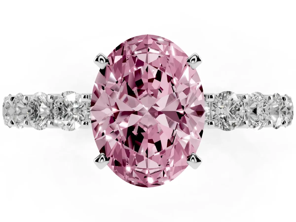 Fancy Pink Oval Cut Diamond Solitaire Ring with Shared Prong Pavé Band and Four-Prong Setting Silver