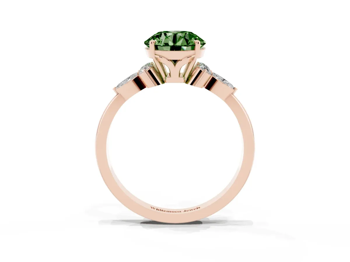 Fancy Green Round Cut Brilliant Diamond Solitaire Ring with Pear Side Stones and Four-Prong Setting Rose gold