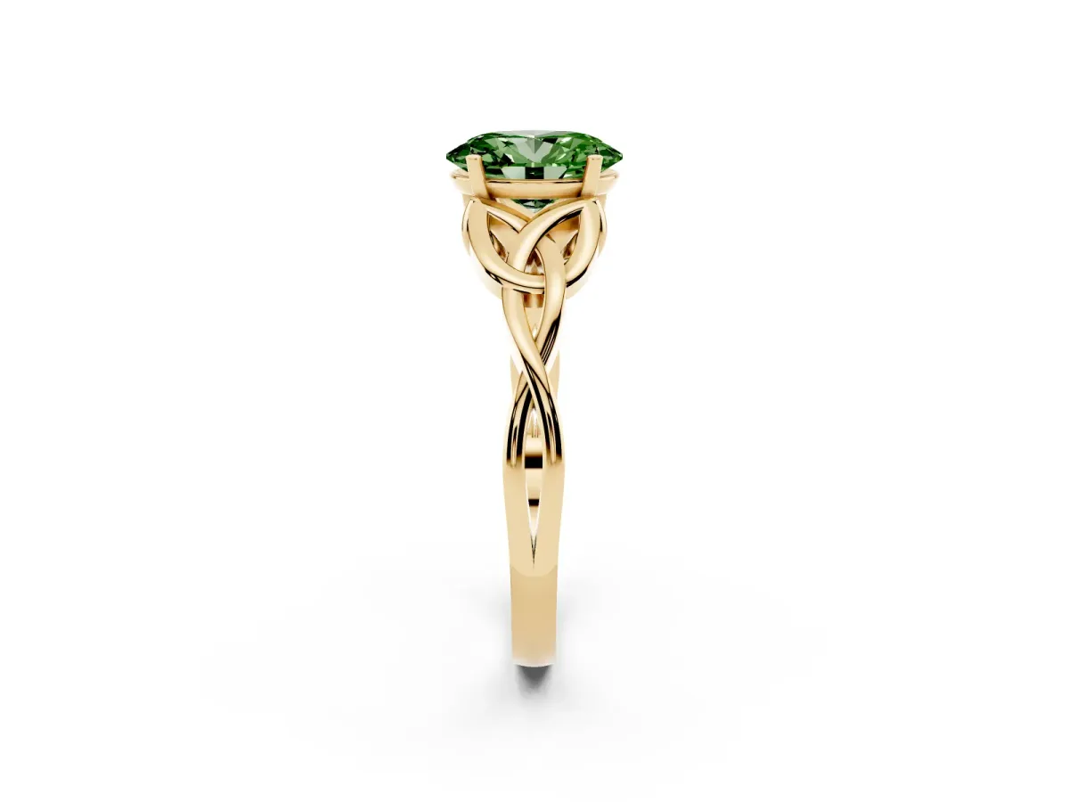 Fancy Green Oval Cut Diamond Solitaire Engagement Ring with Celtic Knot Band and Four-Prong Setting Yellow gold