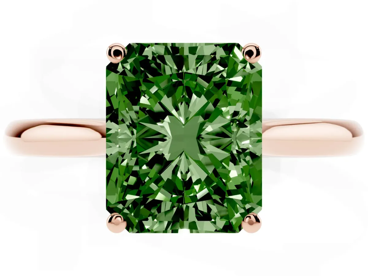 Fancy Green Radiant Cut Cut Solitaire Ring with Cathedral Band and Four-Prong Setting Rose gold