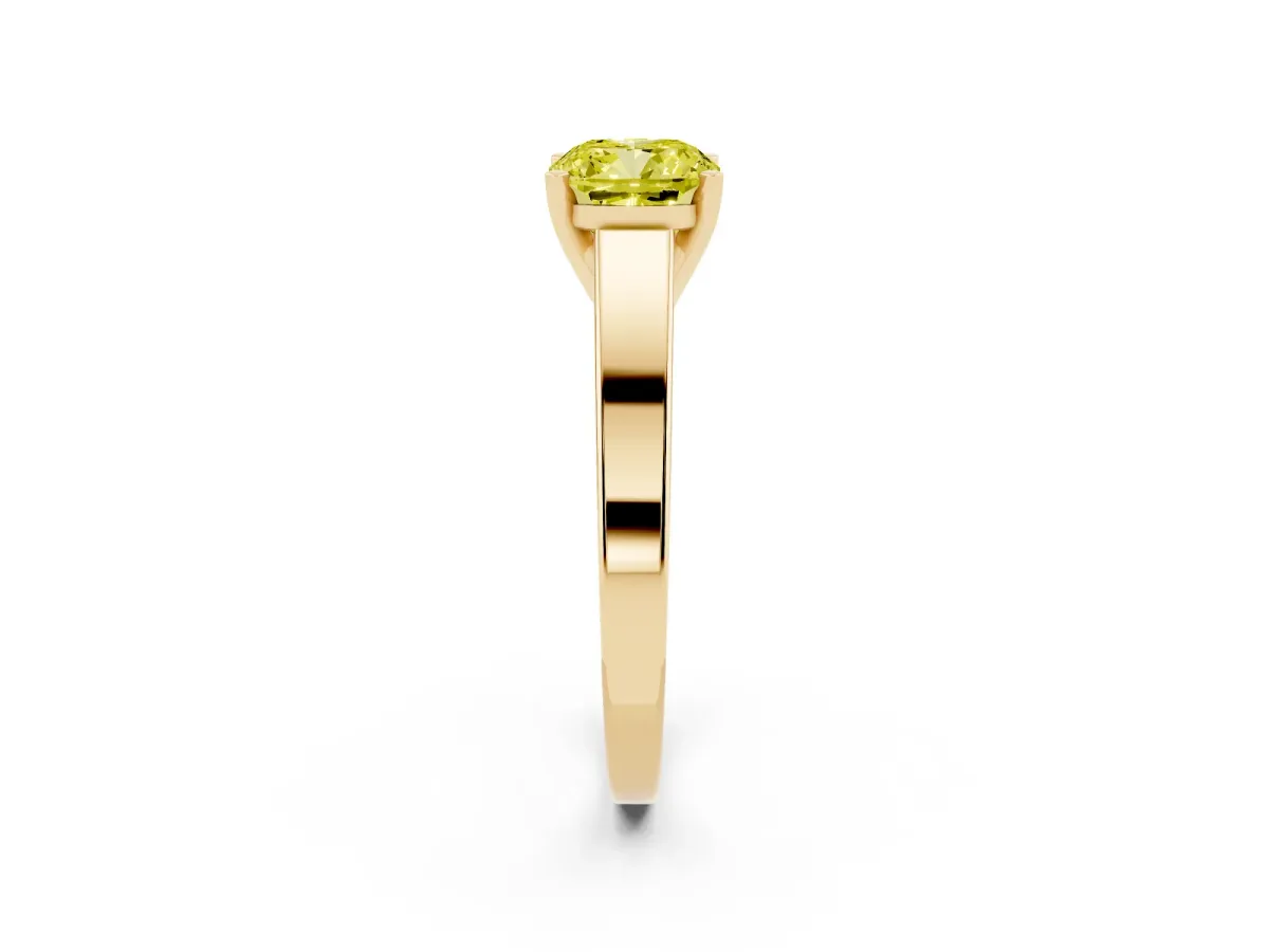 Fancy Yellow Cushion Cut Solitaire Engagement Ring with Four-Prong Setting and Tapered Band Yellow gold