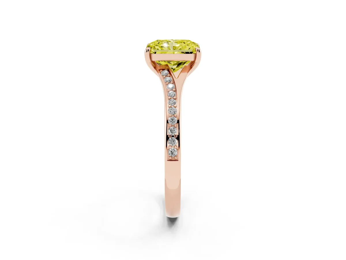 Fancy Yellow Radiant Cut Diamond Solitaire Ring with Pavé Band and Prong Setting Rose gold